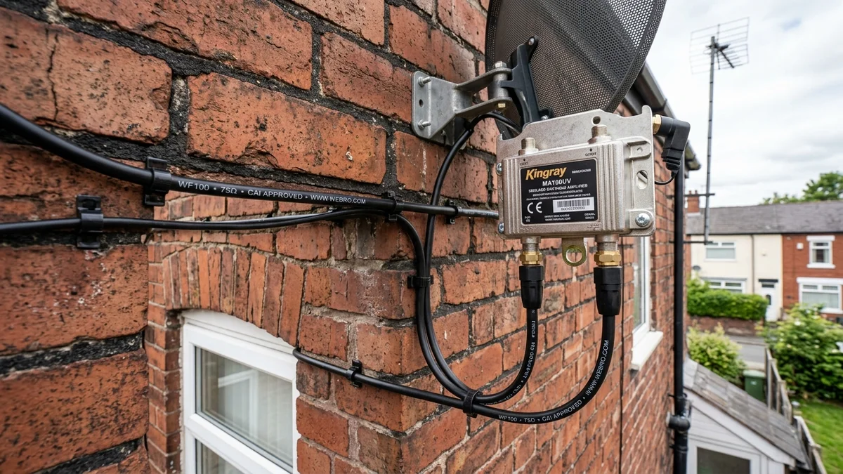Shielded masthead amplifier and WF100 coax cable routed neatly on Preston masonry