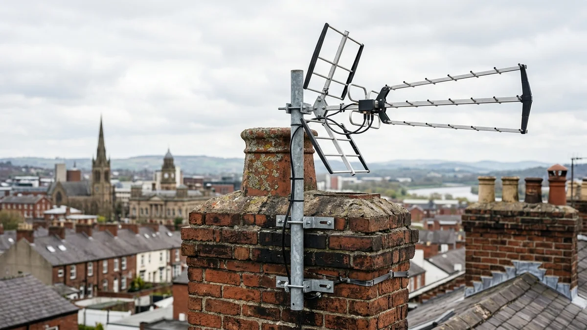 Professional digital TV aerial installation in Tarleton on traditional British chimney stack with galvanized Pennine storm brackets