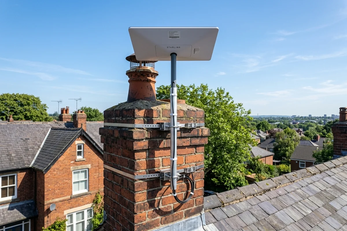 Starlink dish on roof in Prestwich on brick chimney with non-drill lashing cradle overlooking town