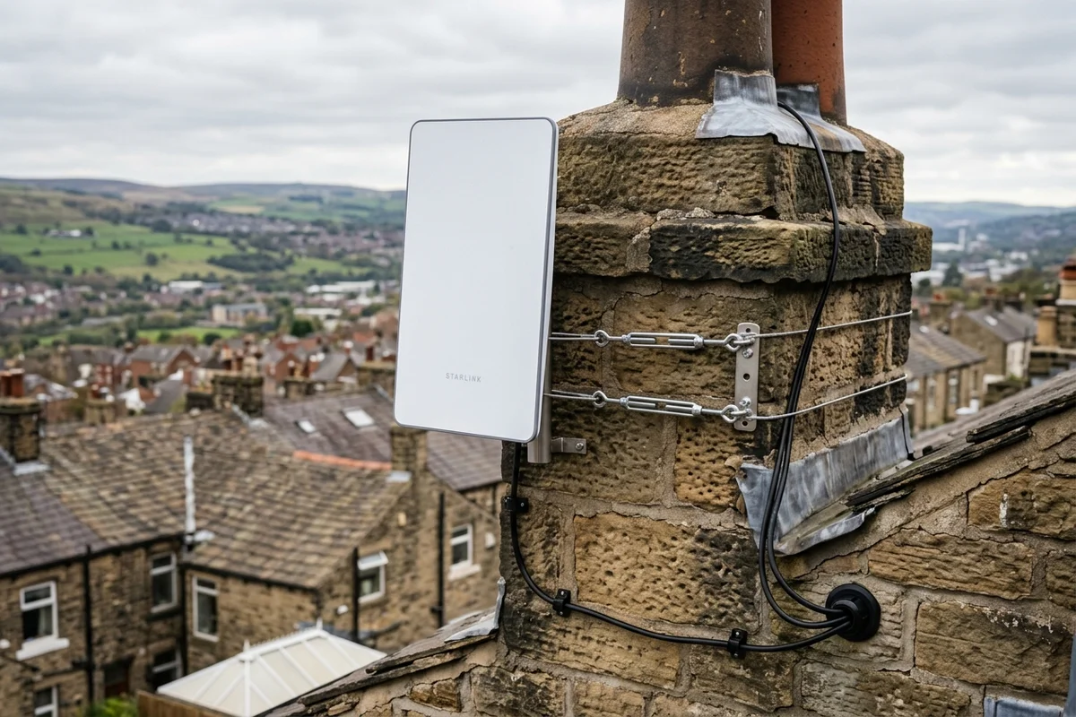 Starlink dish on roof in Pudsey on brick chimney with non-drill lashing cradle overlooking town