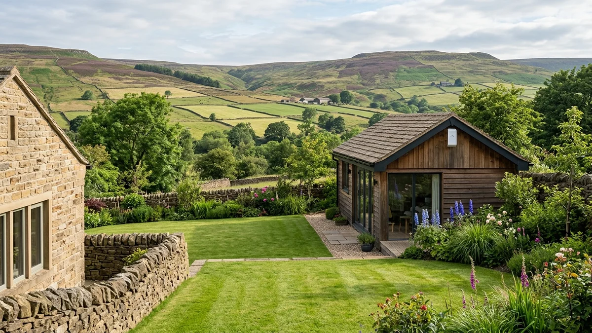Point-to-point wireless bridge linking timber garden studio in Crawshawbooth near Rawtenstall across terraced lawn