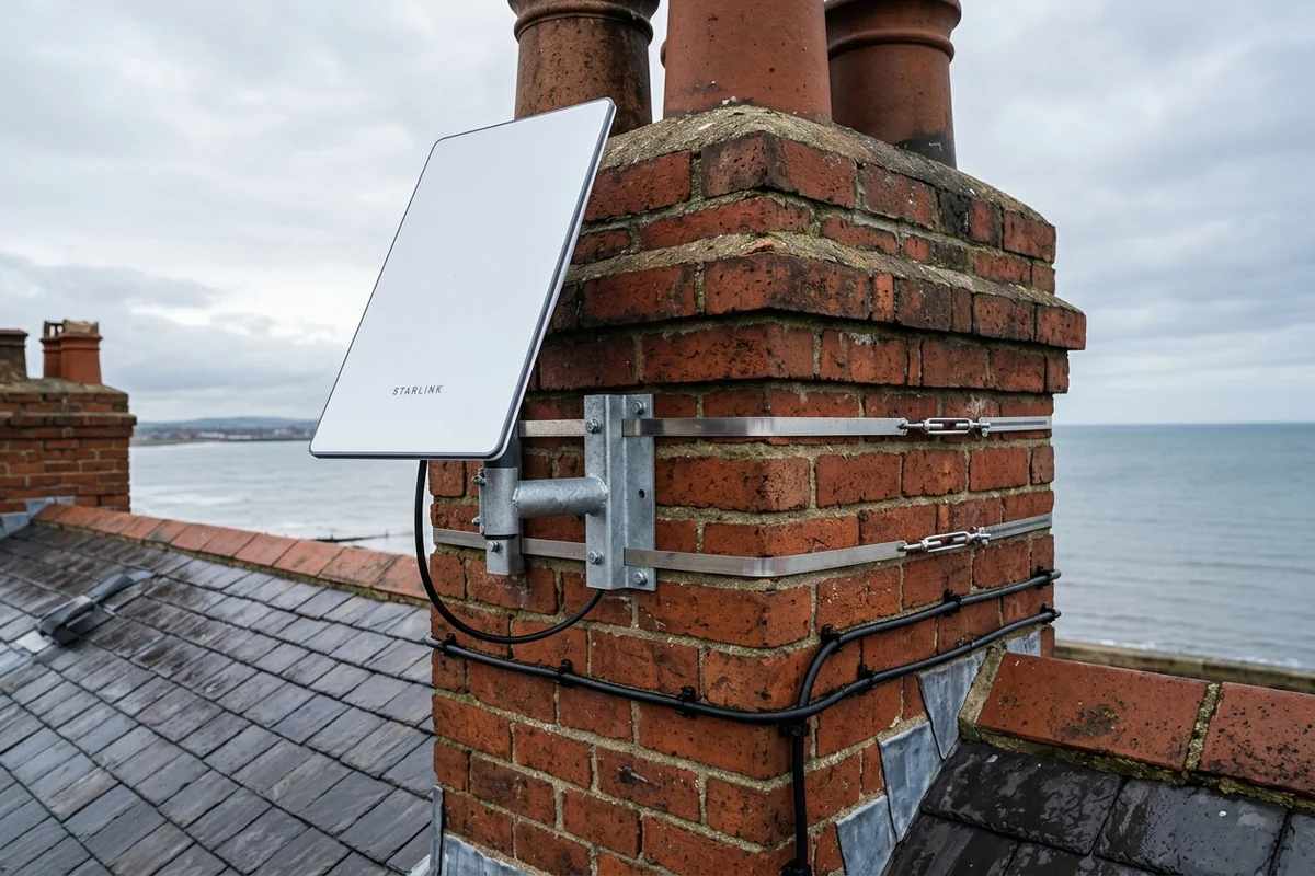 Starlink dish on roof in Redcar on brick chimney with non-drill lashing cradle overlooking town