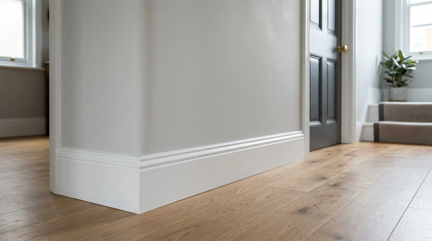 Clean pristine white skirting board after disused old telephone wires are safely removed
