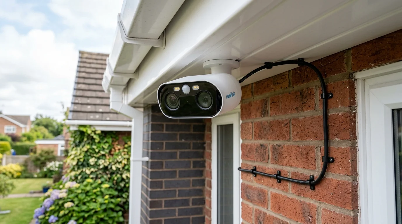 Reolink Duo 3 PoE 16MP dual lens panoramic 8K CCTV camera installed under soffit on UK residential property