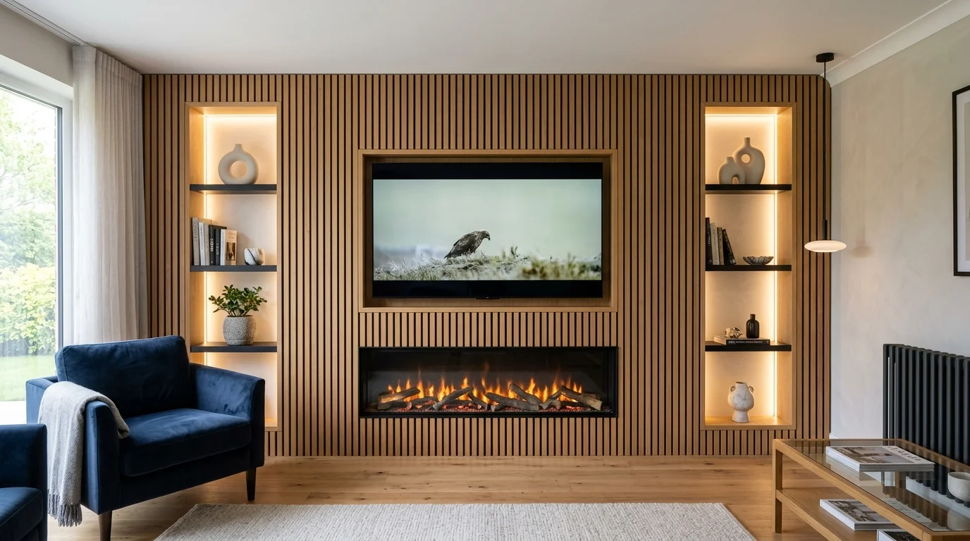 Contemporary bespoke media wall in a renovated semi-detached Rishton home with recessed OLED TV and ambient LED alcoves