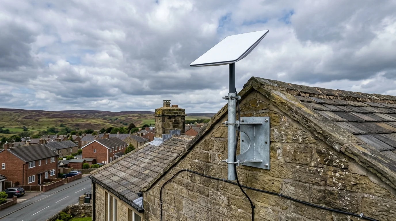 Starlink Gen 3 dish on heavy duty Pennine storm bracket on stone gable in Rishton