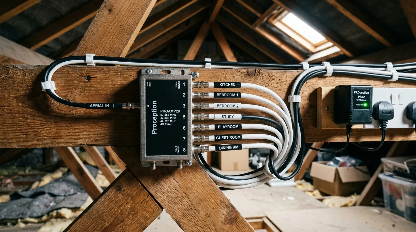 Multi-room TV aerial distribution amplifier installed in Rishton loft