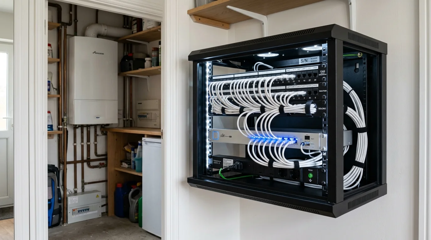 Neat wall mounted networking patch cabinet installed in Rishton home