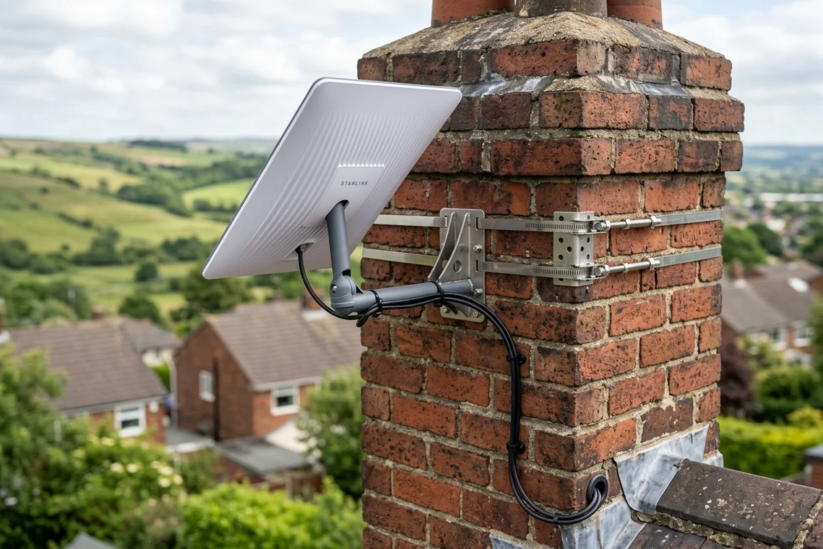 Starlink dish on roof in Rothwell on brick chimney with non-drill lashing cradle overlooking town