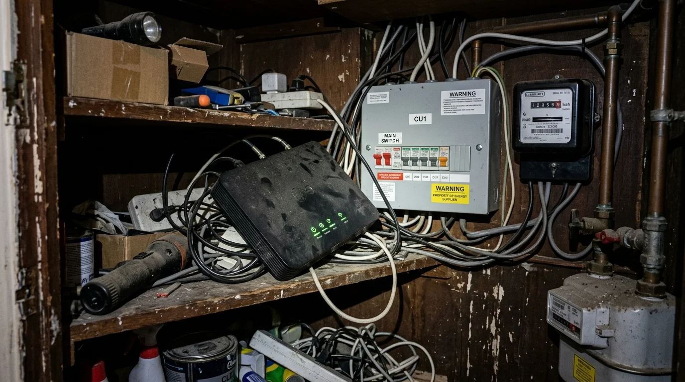 Broadband router crammed inside dark under-stairs utility cupboard next to metal consumer unit