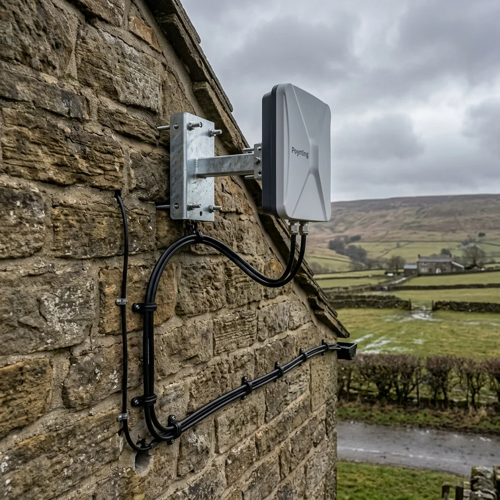 Poynting 4G 5G outdoor directional cross-polarised antenna mounted on stone gable wall with neat low-loss cabling
