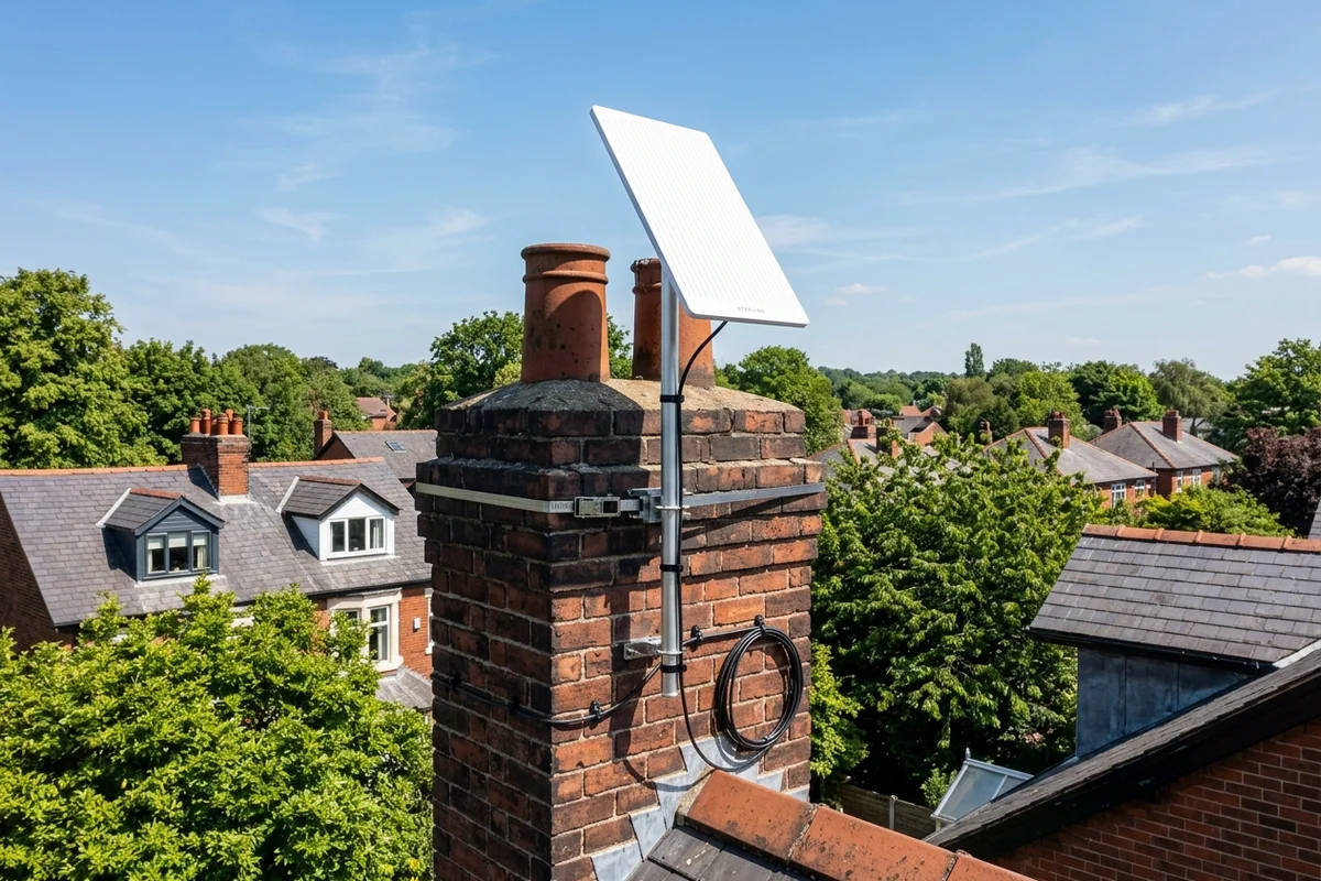 Starlink dish on roof in Sale on brick chimney with non-drill lashing cradle overlooking town