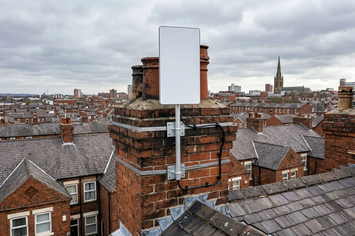 Starlink dish on roof in Salford on brick chimney with non-drill lashing cradle overlooking town