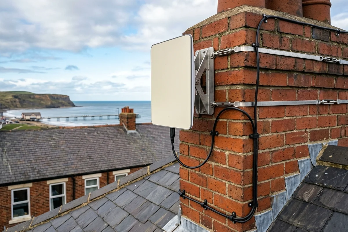 Starlink dish on roof in Saltburn on brick chimney with non-drill lashing cradle overlooking town