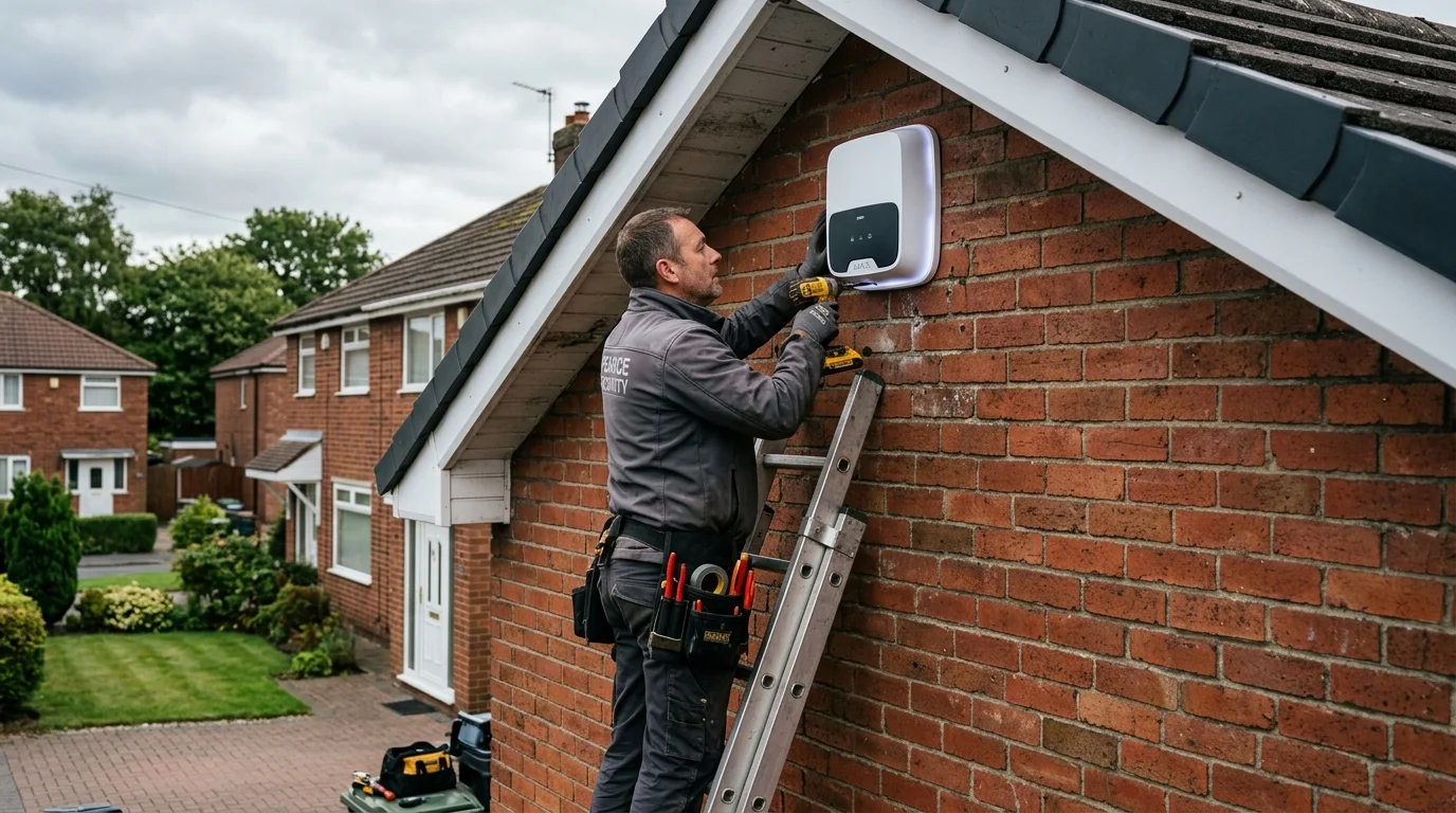 Ajax StreetSiren DoubleDeck wireless alarm bell box installed on brick gable wall in Shadsworth by Gary Pearce