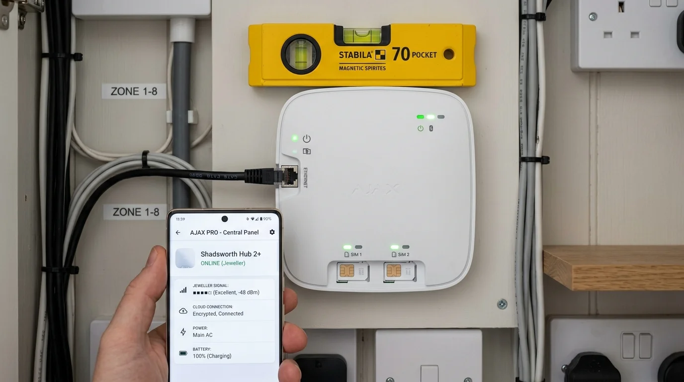 Gary Pearce installing Ajax Hub 2 Plus control panel in utility cupboard in Shadsworth showing dual SIM slots and smartphone app telemetry