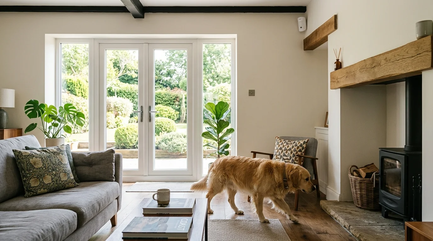 Ajax MotionCam wireless PIR motion detector mounted in modern Shadsworth living room with family golden retriever demonstrating pet immunity