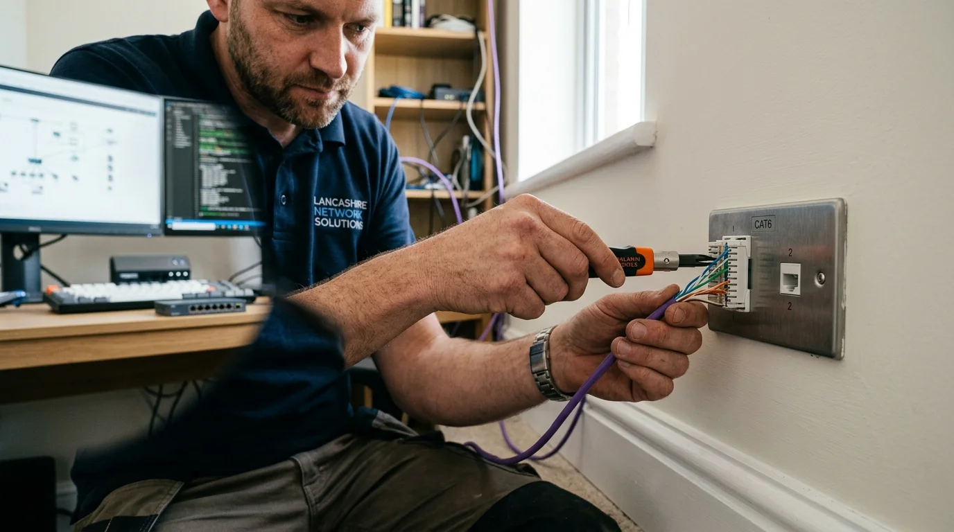 Gary Pearce terminating solid bare copper Cat6 network cable into a flush brushed metal faceplate in a Shadsworth home office