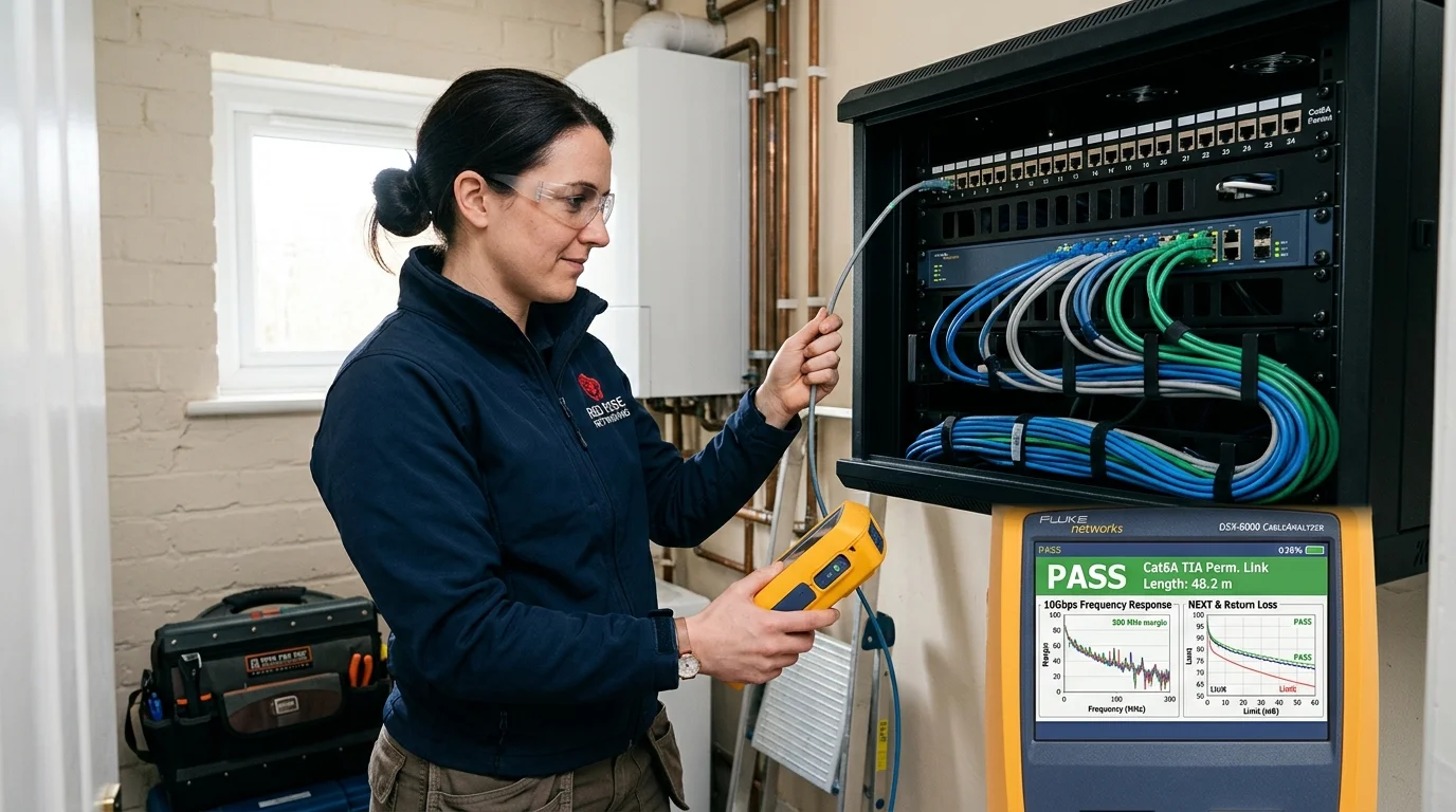 Network engineer holding a Fluke DSX CableAnalyzer showing green PASS screen next to a 6U patch panel comms rack