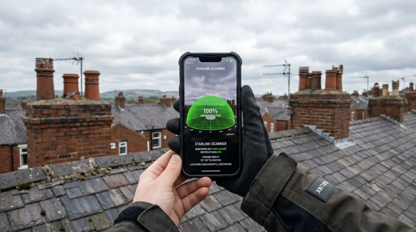 Installer conducting rooftop obstruction scan using Starlink app showing 100 percent clear northern sky in Shadsworth