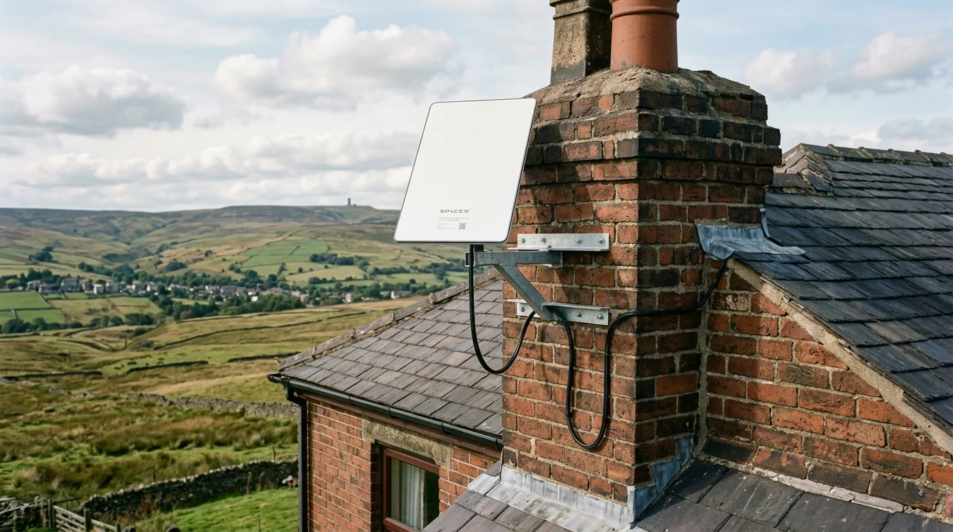 Rectangular SpaceX Starlink Gen 3 flat dish mounted on a chimney stack in Shadsworth overlooking East Lancashire moors