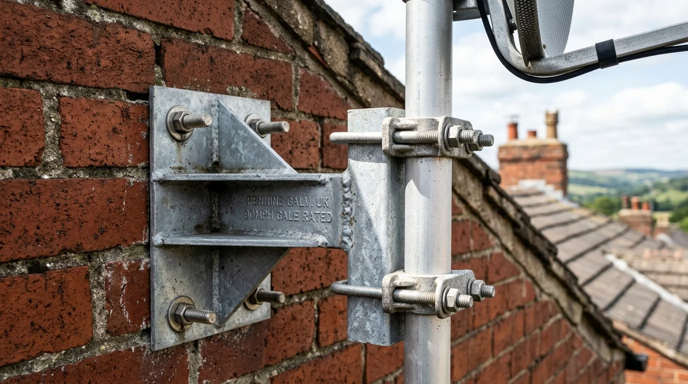 Heavy duty galvanised steel Pennine 90mph gale rated wall bracket clamped to brick gable in Lancashire