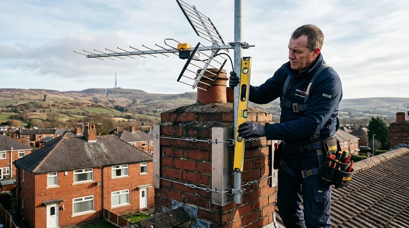 Gary Pearce installing high-gain digital TV aerial onto brick chimney stack with lashing cradle in Shadsworth Blackburn