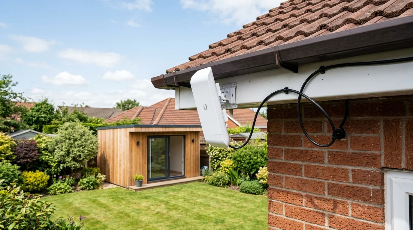 Ubiquiti wireless building to building bridge mounted on brick roofline fascia pointing to garden office in Shadsworth
