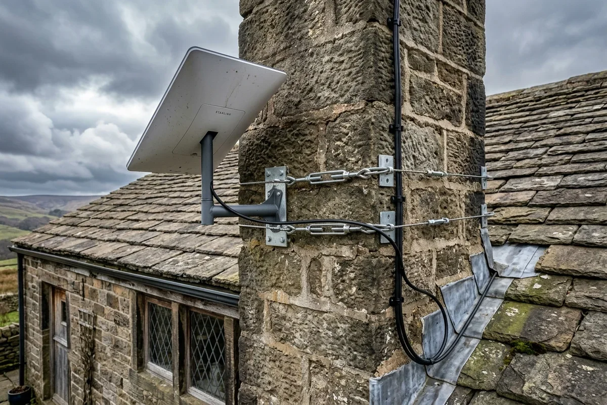 Starlink dish on roof in Shaw on brick chimney with non-drill lashing cradle overlooking town