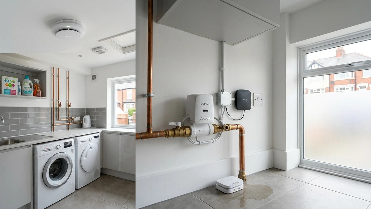 Ajax FireProtect 2 ceiling smoke detector and WaterStop electric smart shutoff valve installed cleanly on copper plumbing in a Sheffield home