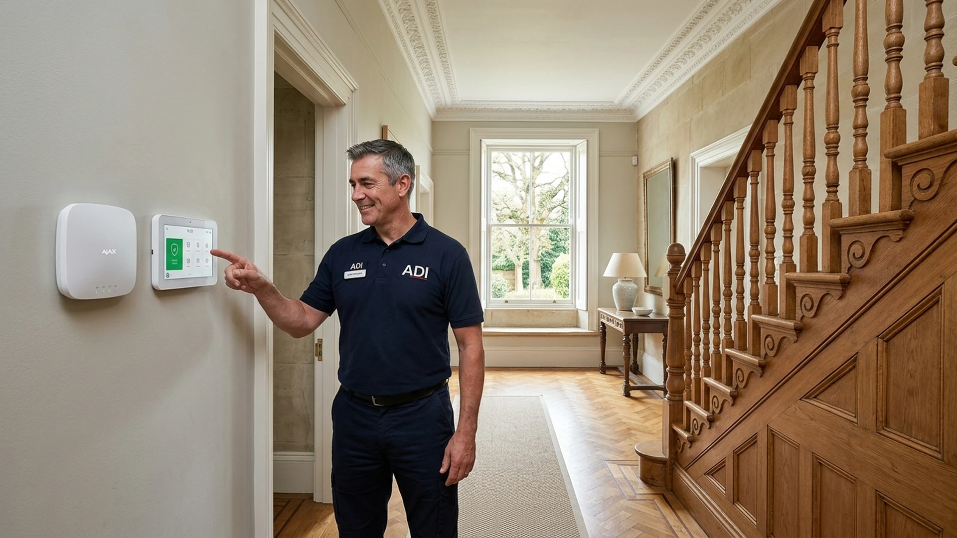Professional security engineer Gary Pearce installing white Ajax KeyPad TouchScreen Jeweller on a hallway wall in a Sheffield home