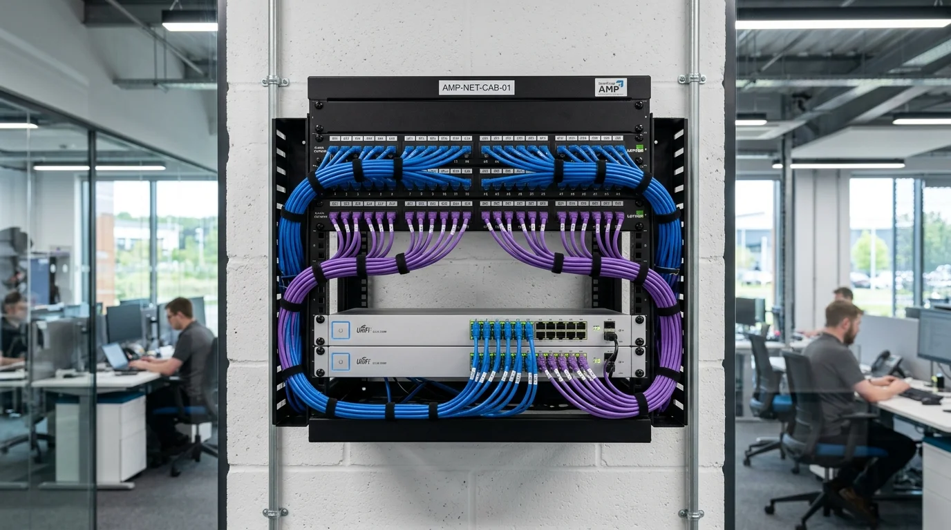 Commercial server rack and patch panel cabling installation in Sheffield