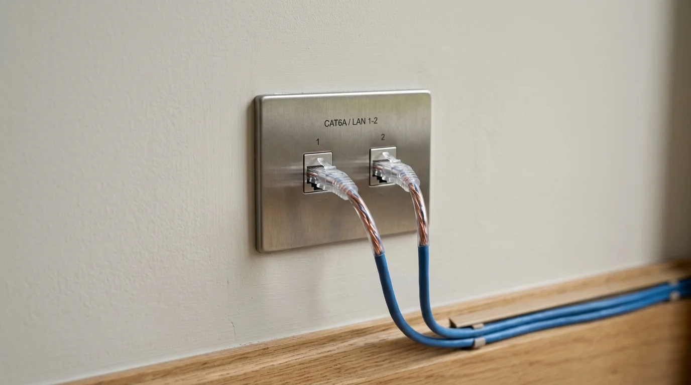 Domestic home network cabling with clean flush-mounted Ethernet wall sockets in a Sheffield home