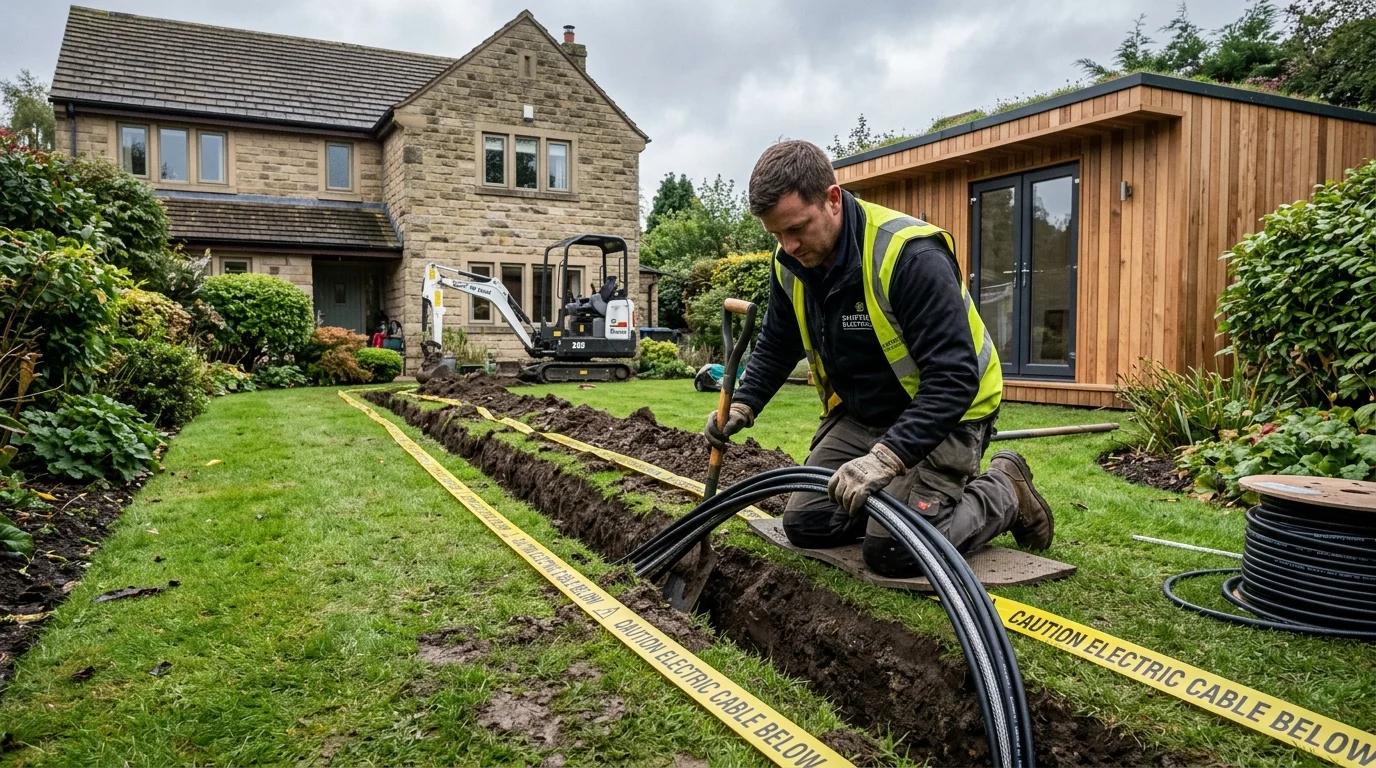 Armoured network cable trenching to garden office in Sheffield