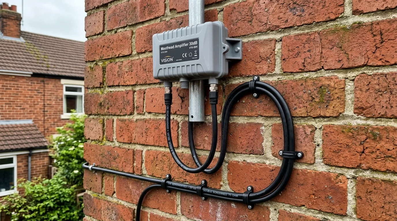 Neatly clipped UV-resistant Cat6a solid copper cable installation along mortar joints in Sheffield