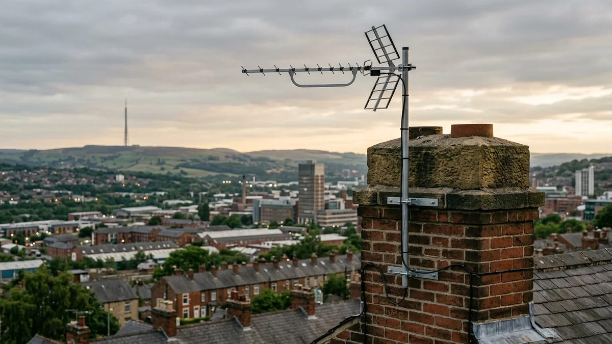 Professional digital TV aerial installation in Dore on traditional British chimney stack with galvanized Pennine storm brackets