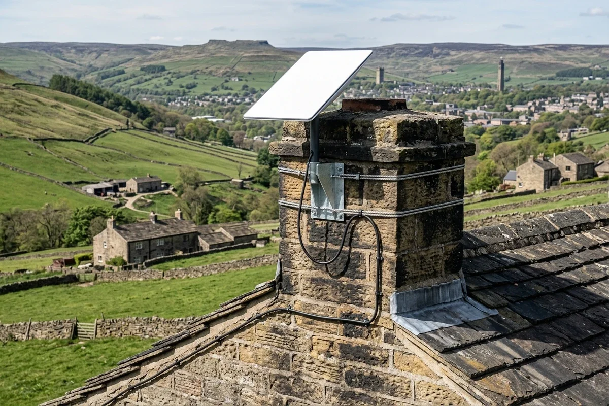 Starlink dish on roof in Shelley on brick chimney with non-drill lashing cradle overlooking town