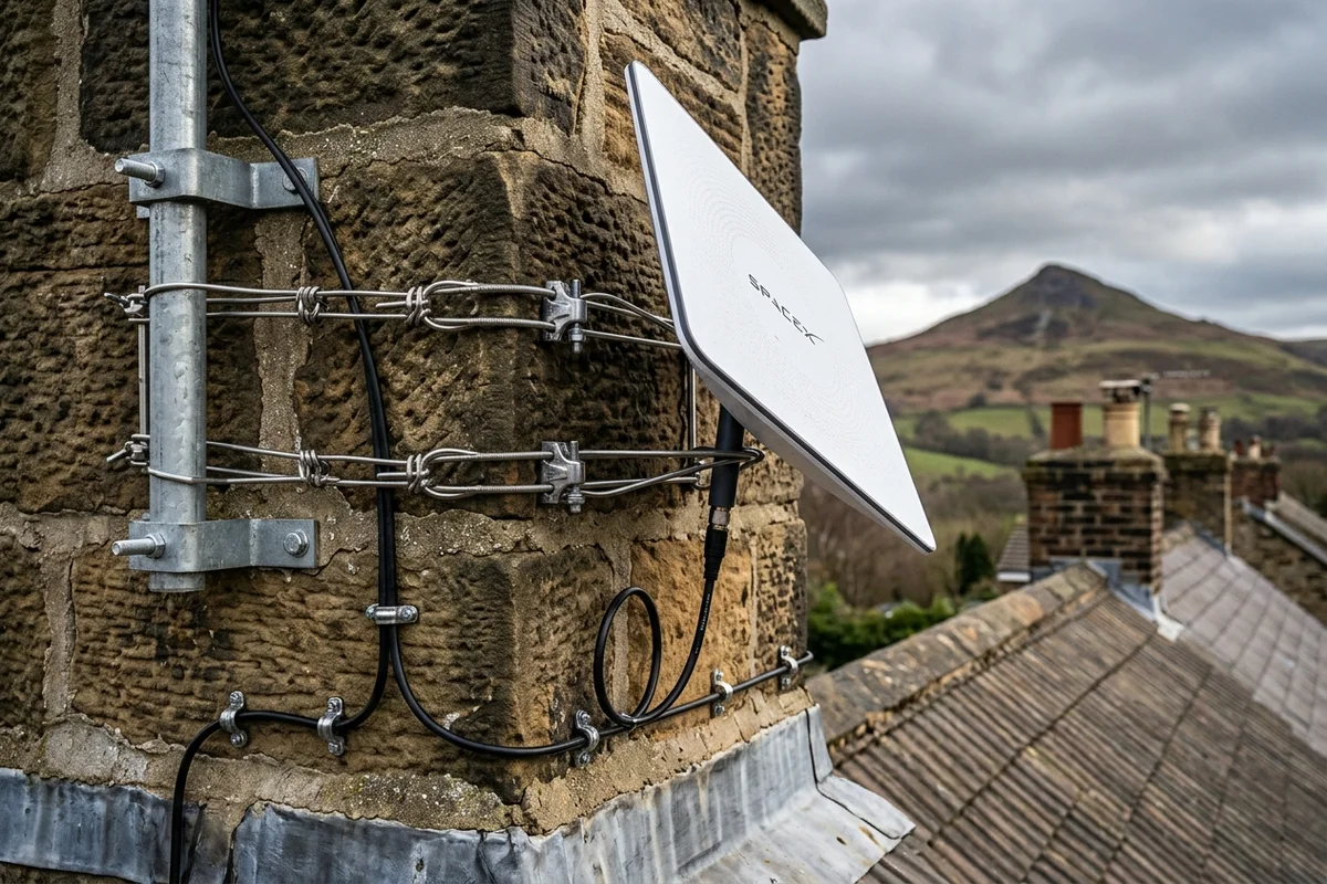 Starlink dish on roof in Skelton-in-Cleveland on brick chimney with non-drill lashing cradle overlooking town