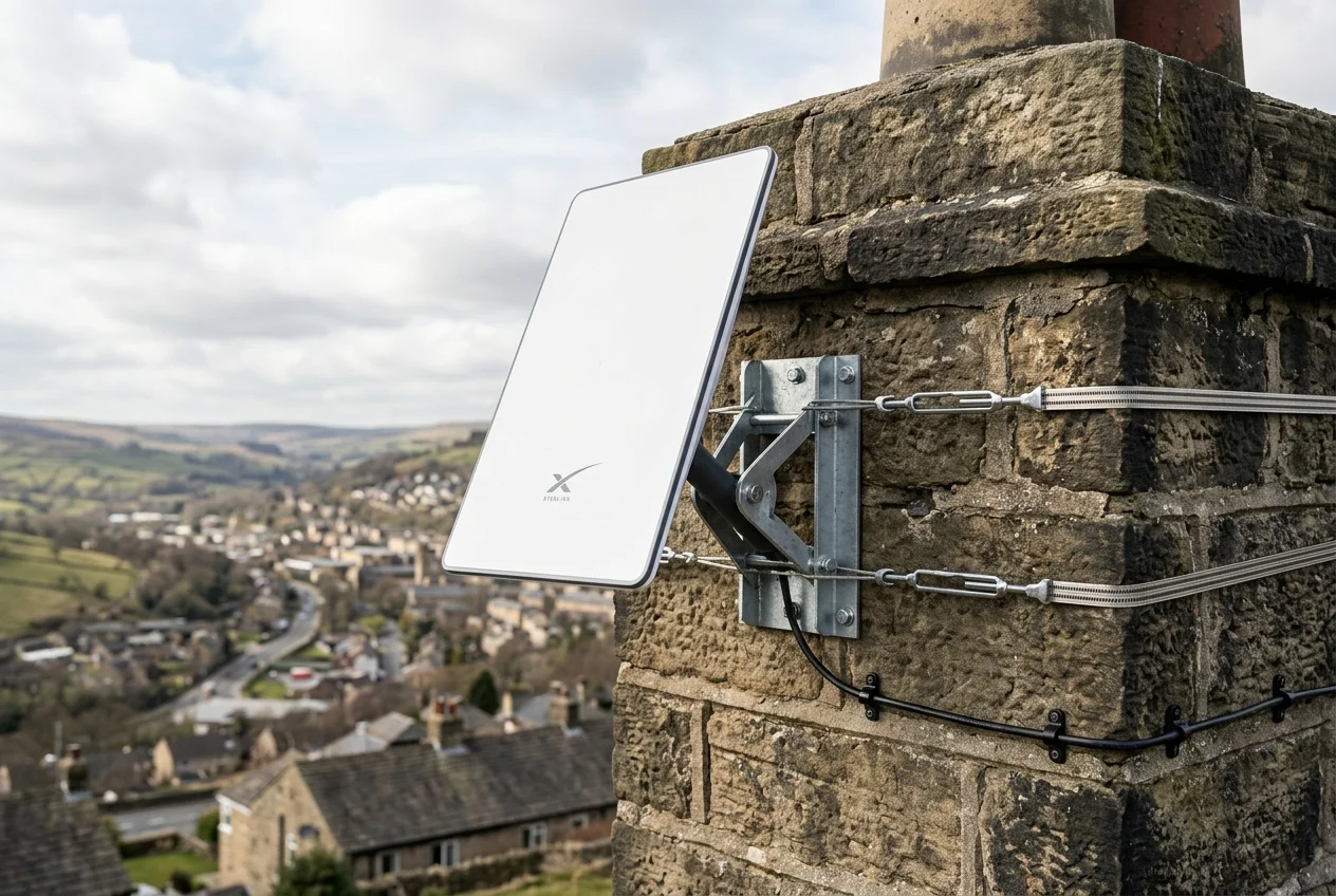 Starlink dish on roof in Sowerby Bridge on brick chimney with non-drill lashing cradle overlooking town