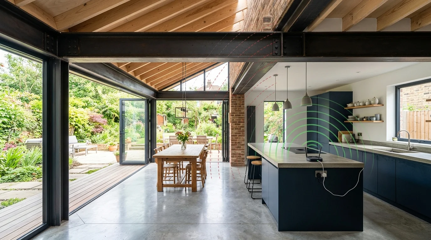 Heavy structural steel RSJ beam in open-plan kitchen extension disrupting Wi-Fi signal