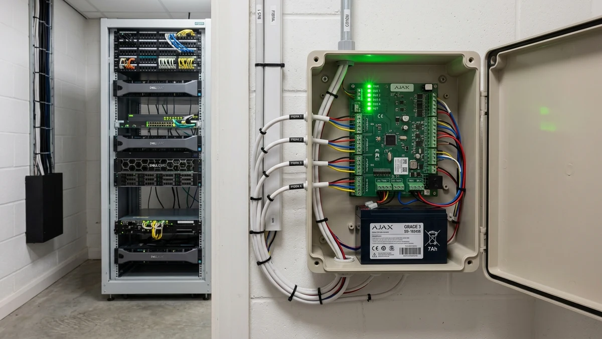 Commercial communications rack housing Ajax Hub Hybrid with neatly laced 4-core bus lines in Marple