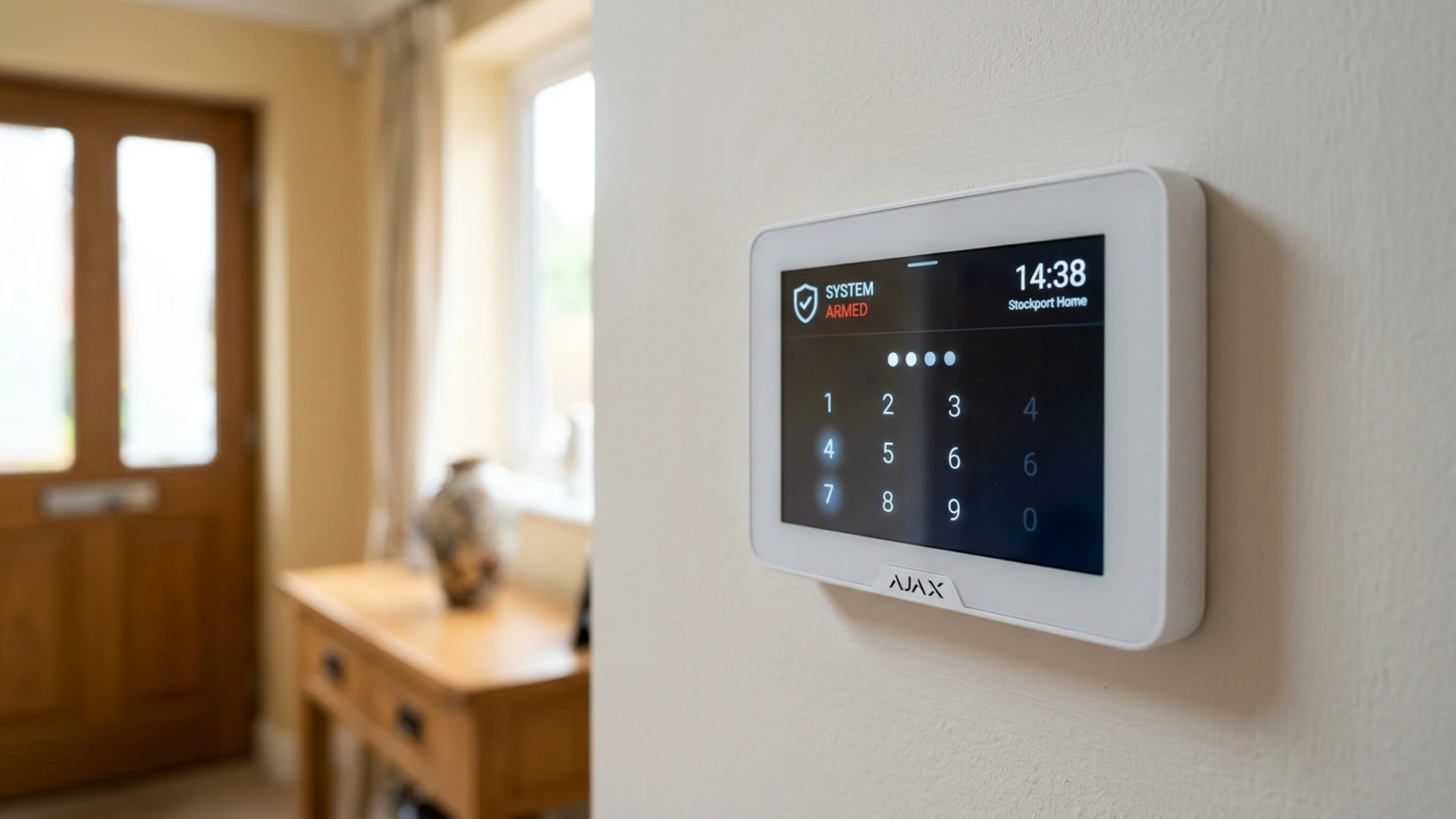 Ajax MotionCam Outdoor wireless detector mounted on weathered Greater Manchester red brick exterior wall in Marple