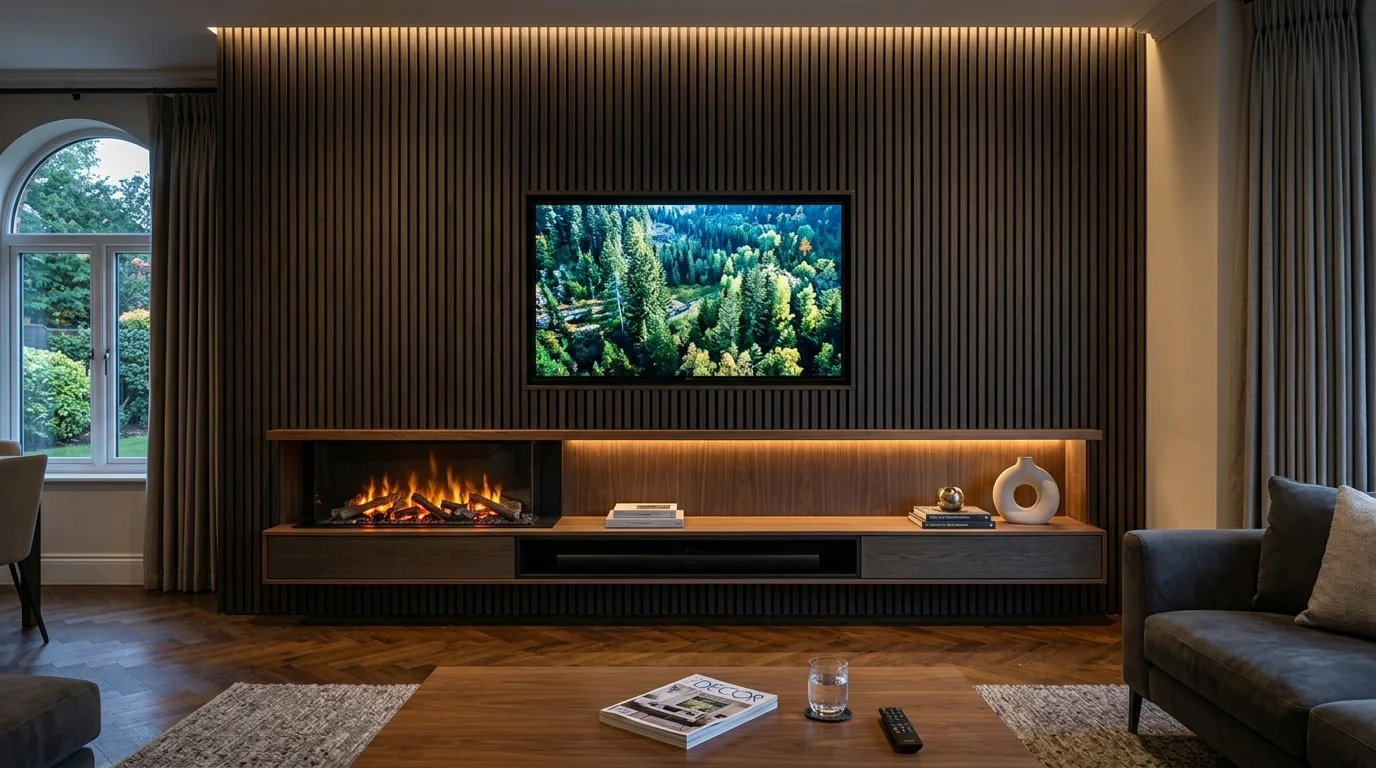 Luxury Acoustic Media Wall TV Installation in Stockport with Recessed OLED Display
