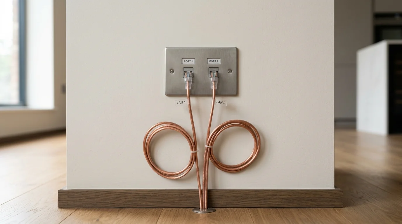 Domestic home network cabling with clean flush-mounted Ethernet wall sockets in a Stockport home