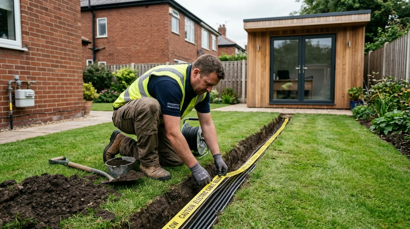 Armoured network cable trenching to garden office in Stockport