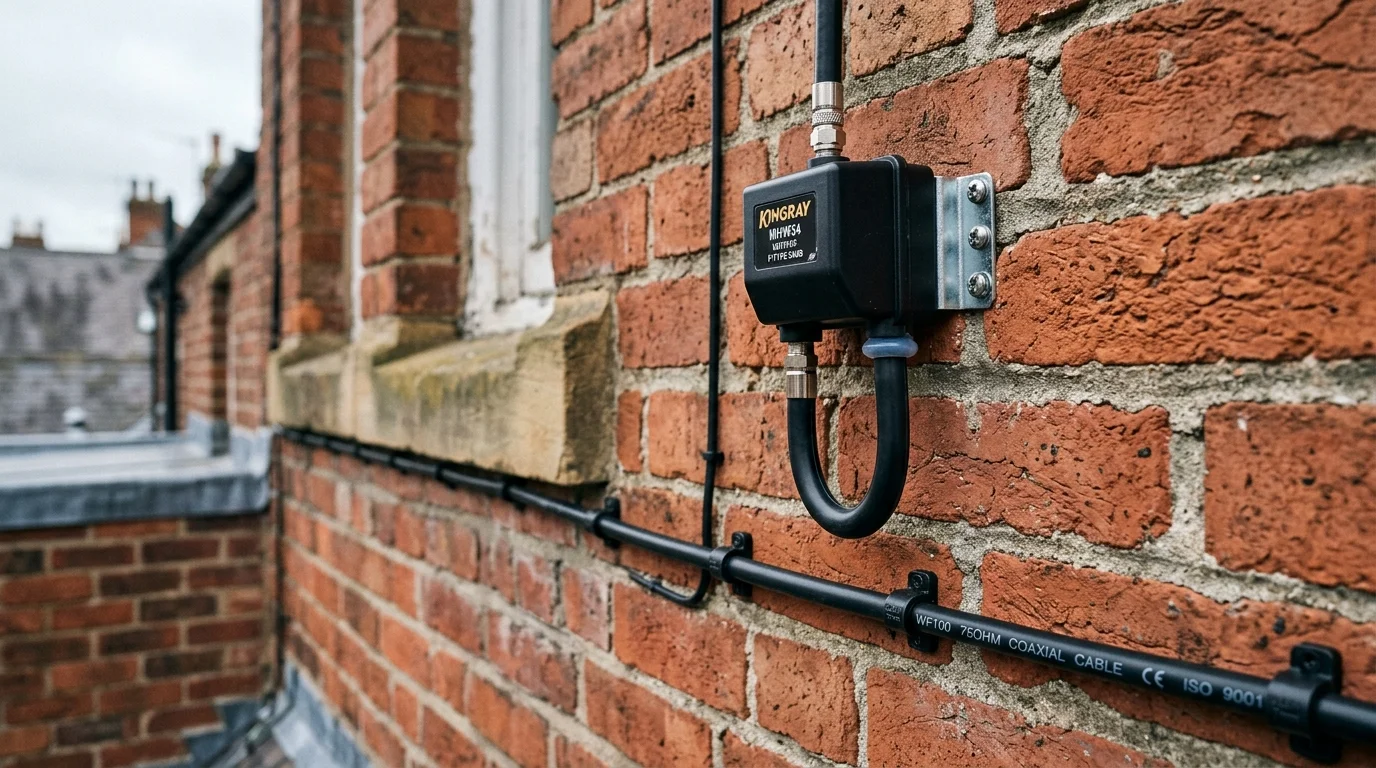 Neatly clipped UV-resistant Cat6a solid copper cable installation along mortar joints in Stockport
