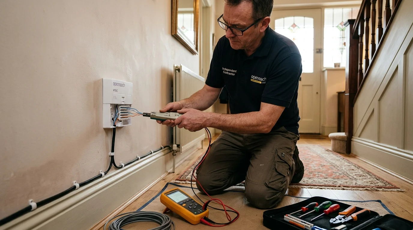 Independent Telephone Engineer installing Openreach NTE5C master socket in suburban home in Bramhall Stockport