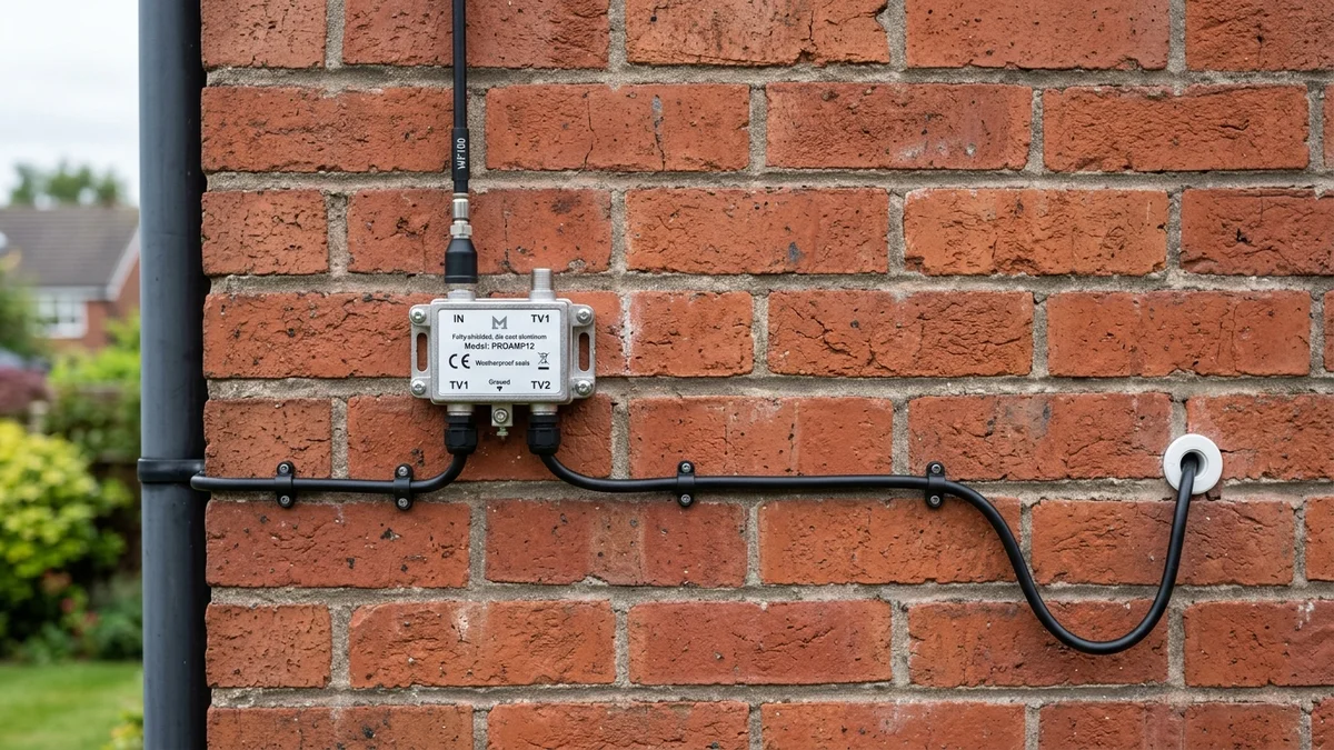 Shielded masthead amplifier and WF100 coax cable routed neatly on Stockport masonry