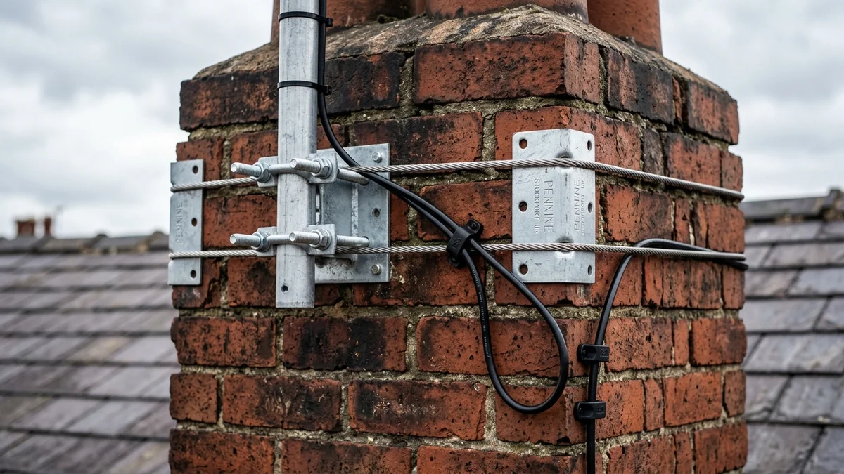 Heavy-duty storm-proof chimney aerial mount in Stockport with double stainless steel lashing wire