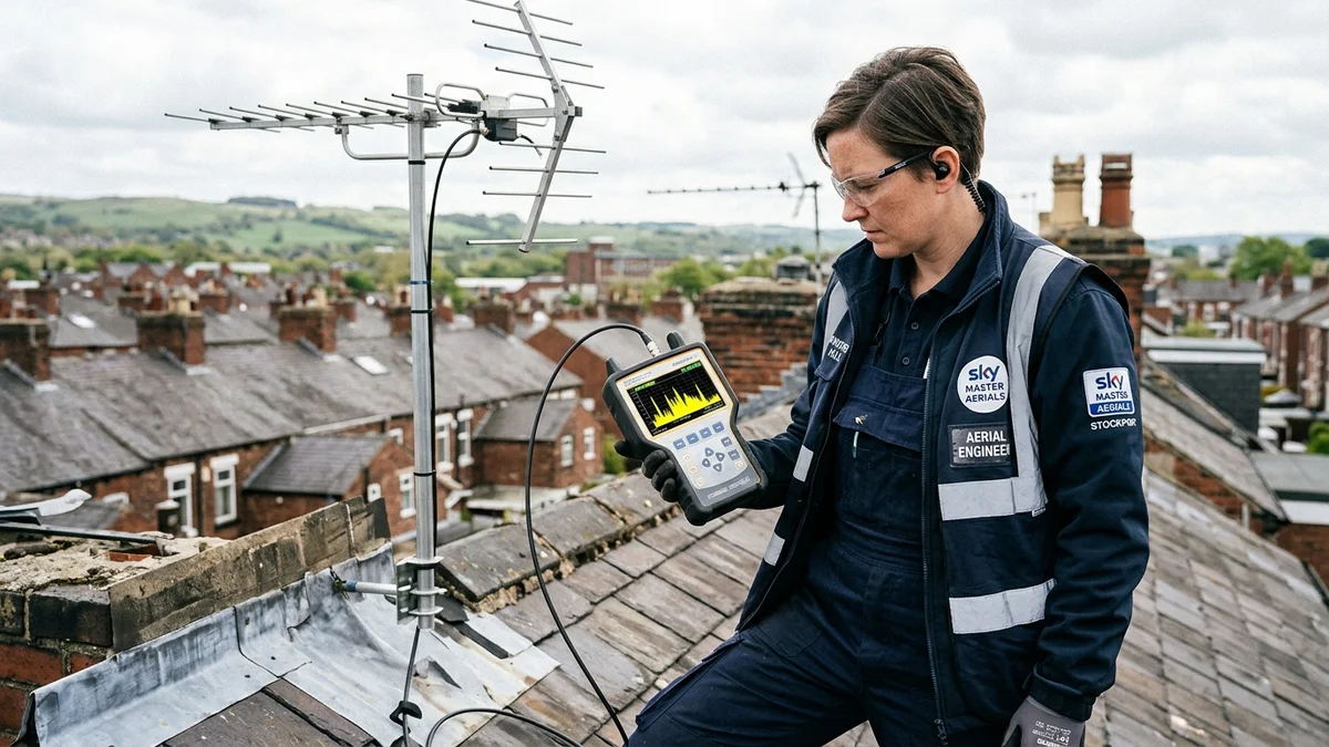 Engineer reading spectrum analyzer meter showing Winter Hill frequencies on Stockport rooftop
